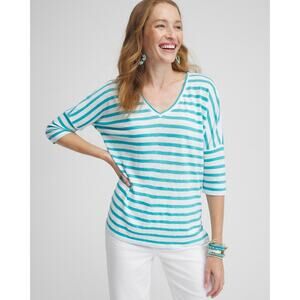 Chicos Women's Blue/White Striped V-Neck 3/4 Sleeve Knit Linen Tunic Top Size XL